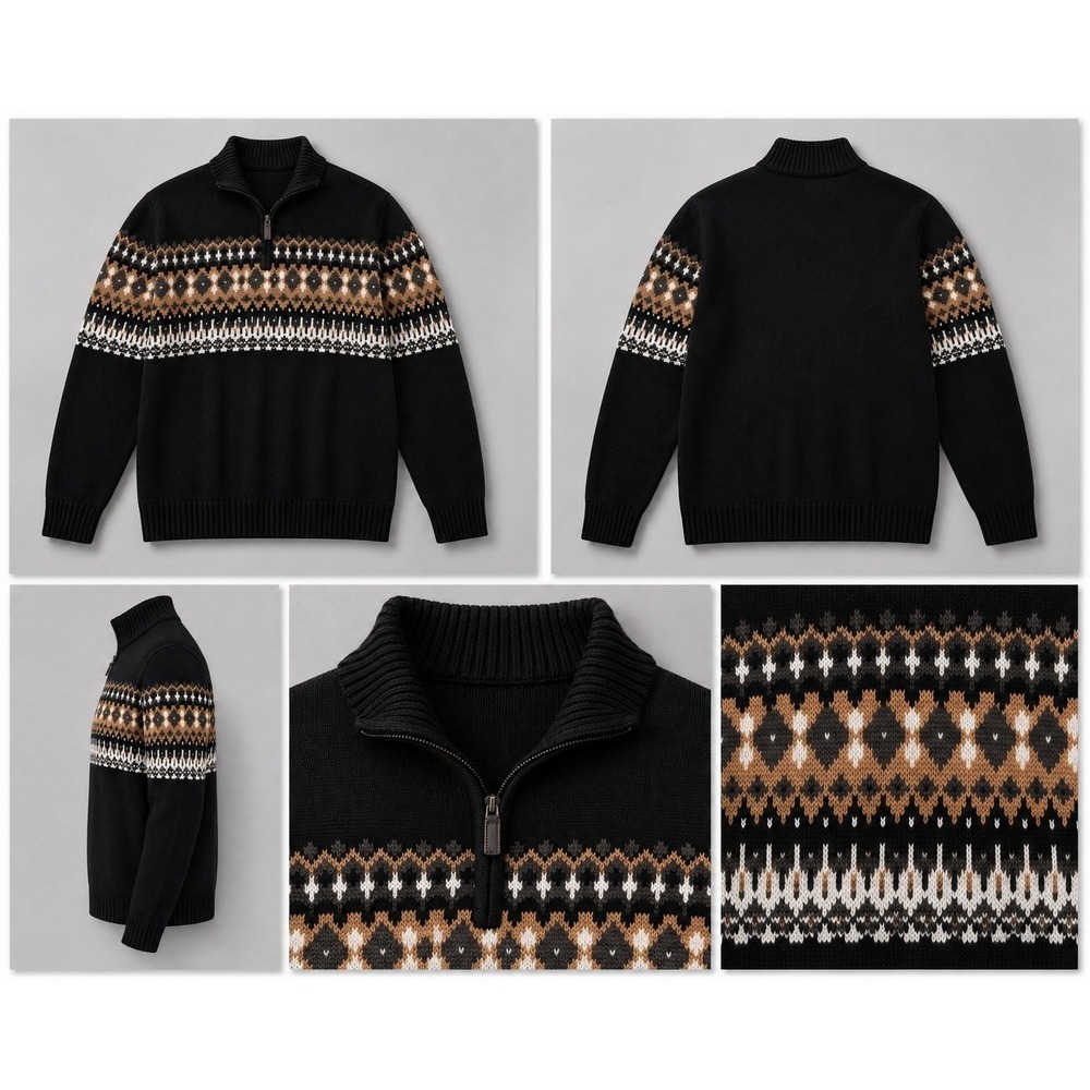 Izod Mens 3XLT Fair Isle Quarter Zip Sweater black gray white Nordic NWT $85
